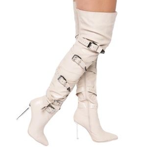Dolls Kill Bone Leather Slouchy Over the Knee Heel Boots